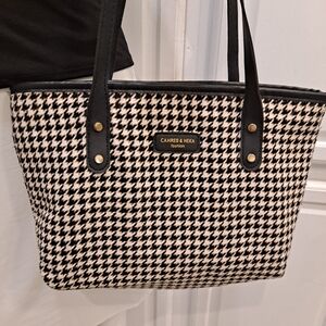 Cahres & Heka Fashion Jacquard Houndstooth Black and White Tote W/vegan Leather